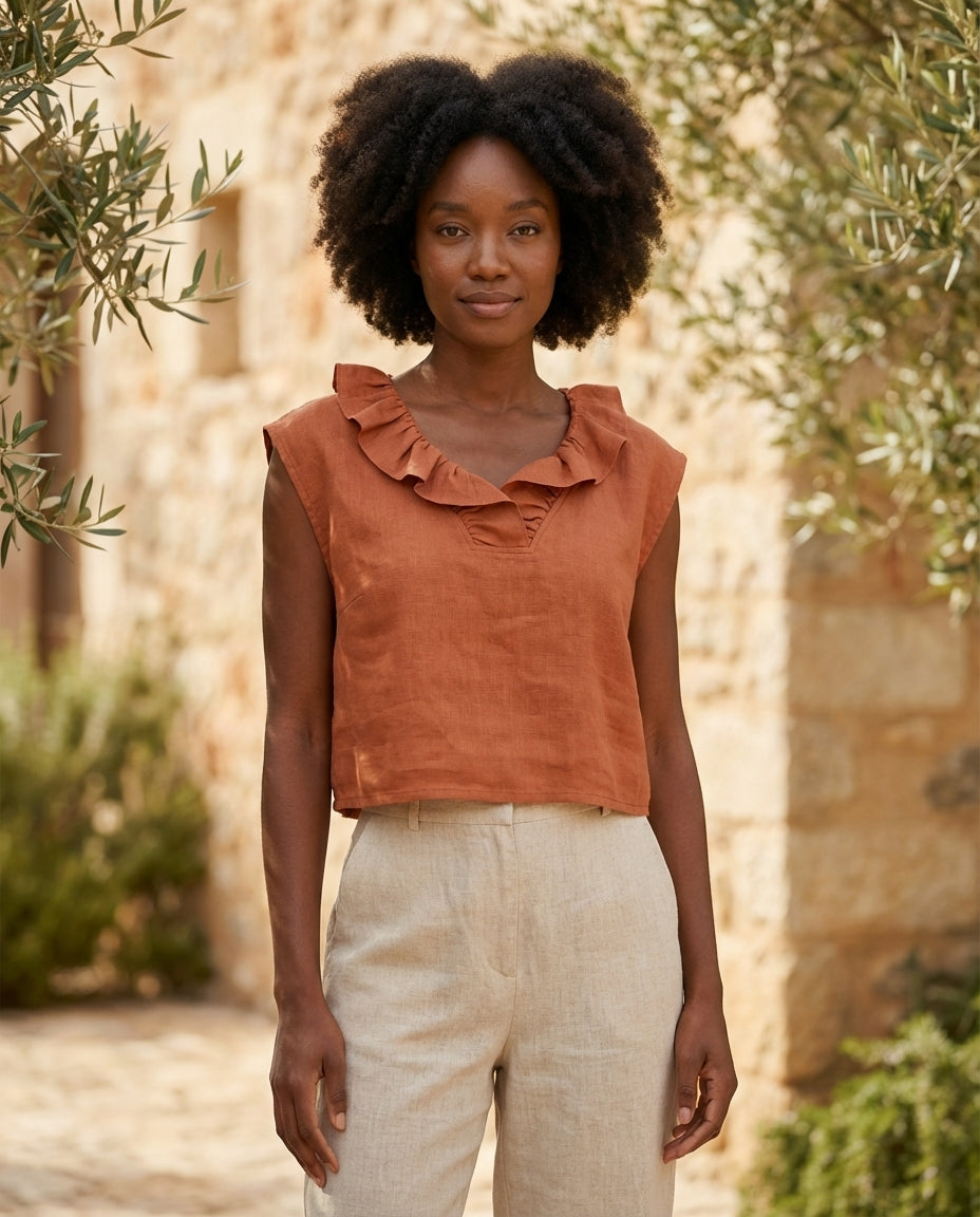 Frill Neck Sleeveless Linen Blouse