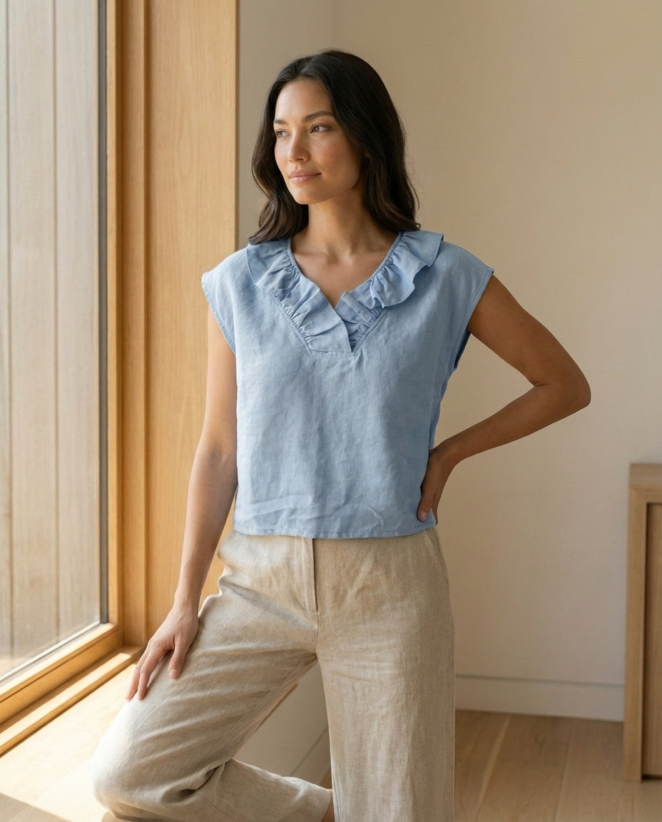 Frill Neck Sleeveless Linen Blouse