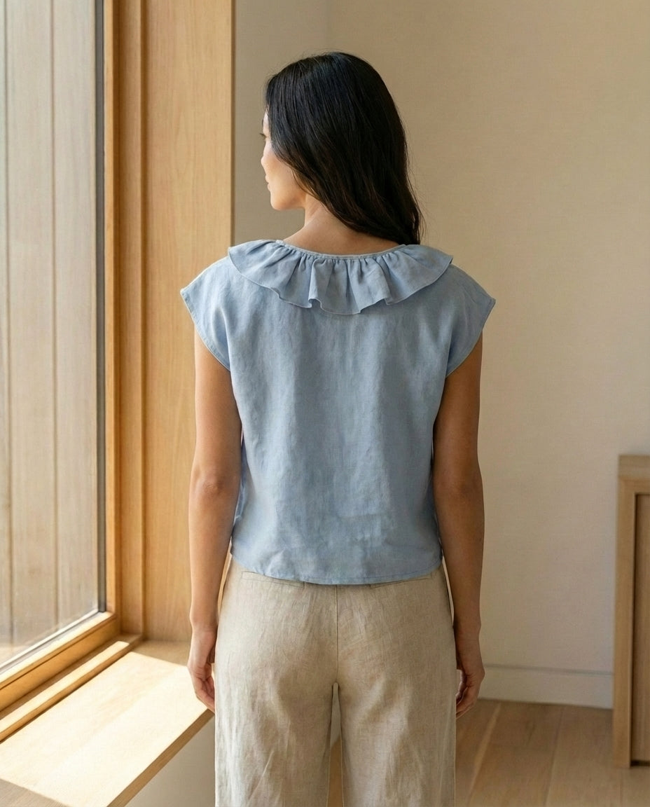 Frill Neck Sleeveless Linen Blouse
