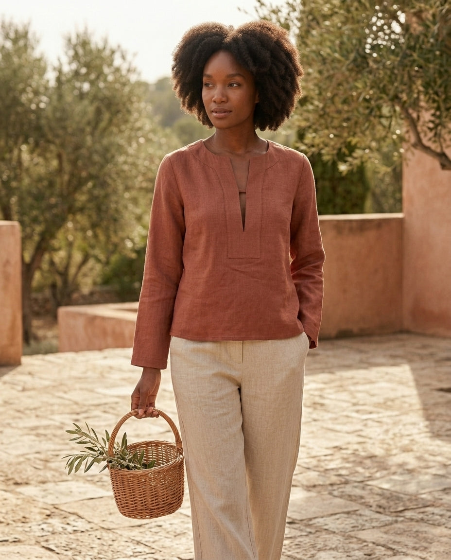 Linen Blouse – V-Neck, Long Sleeve