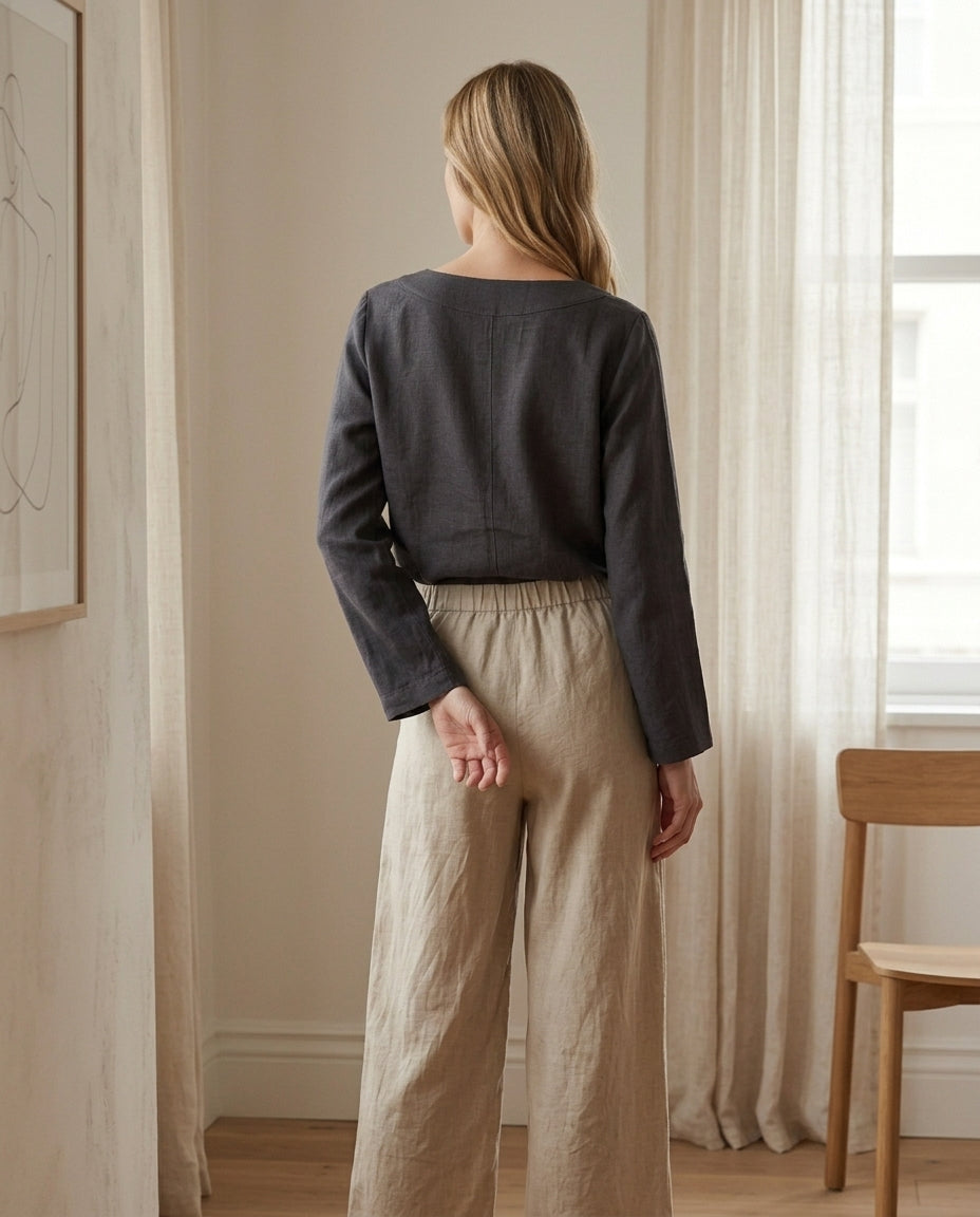 Linen Blouse – V-Neck, Long Sleeve
