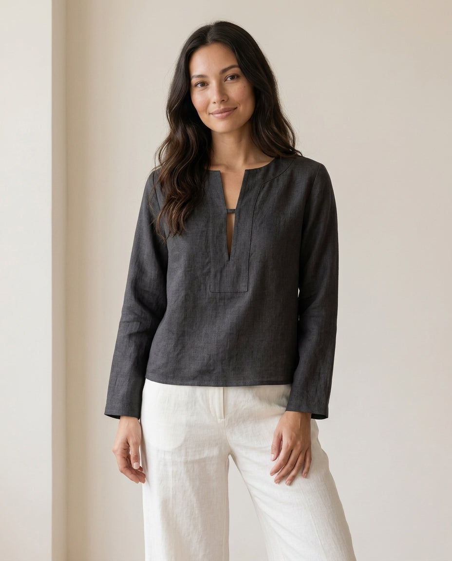 Linen Blouse – V-Neck, Long Sleeve