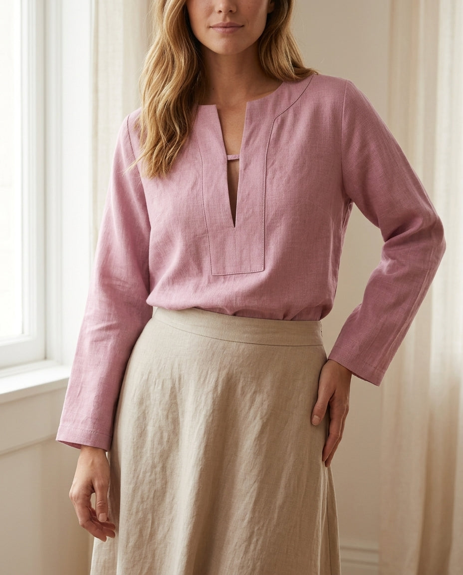Linen Blouse – V-Neck, Long Sleeve