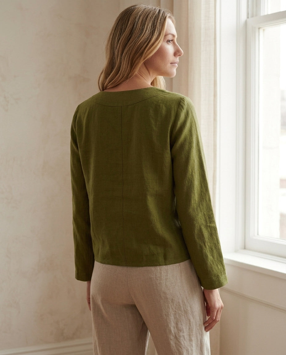 Linen Blouse – V-Neck, Long Sleeve