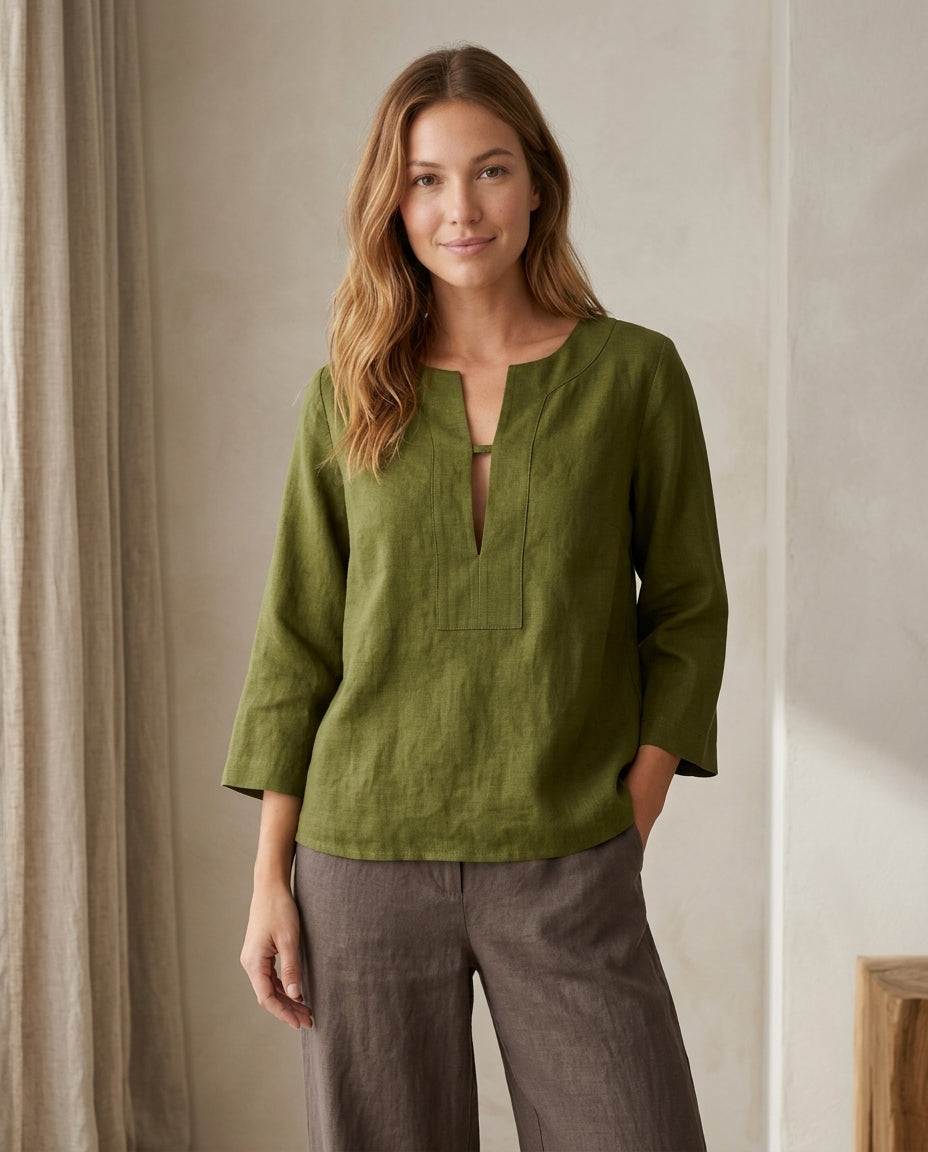 Linen Blouse – V-Neck, Long Sleeve