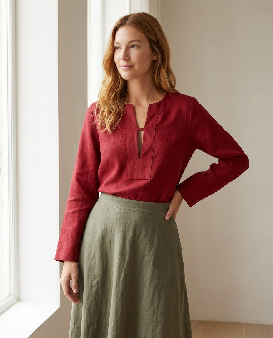 Linen Blouse – V-Neck, Long Sleeve