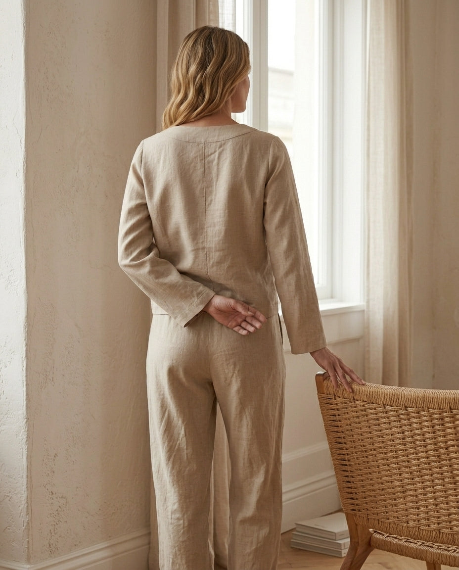 Linen Blouse – V-Neck, Long Sleeve