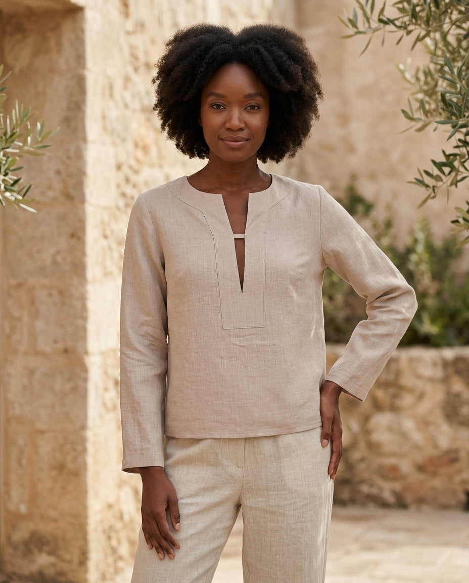 Linen Blouse – V-Neck, Long Sleeve
