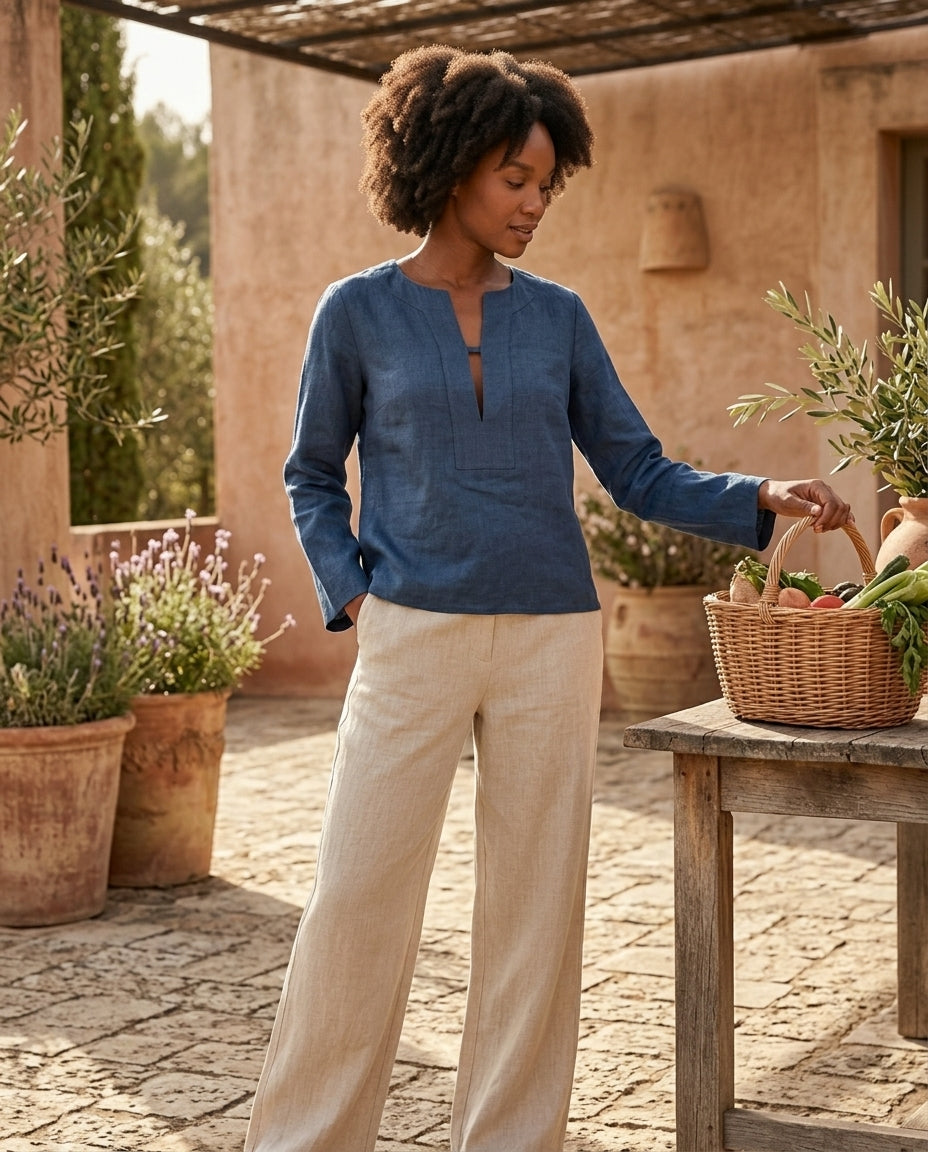 Linen Blouse – V-Neck, Long Sleeve
