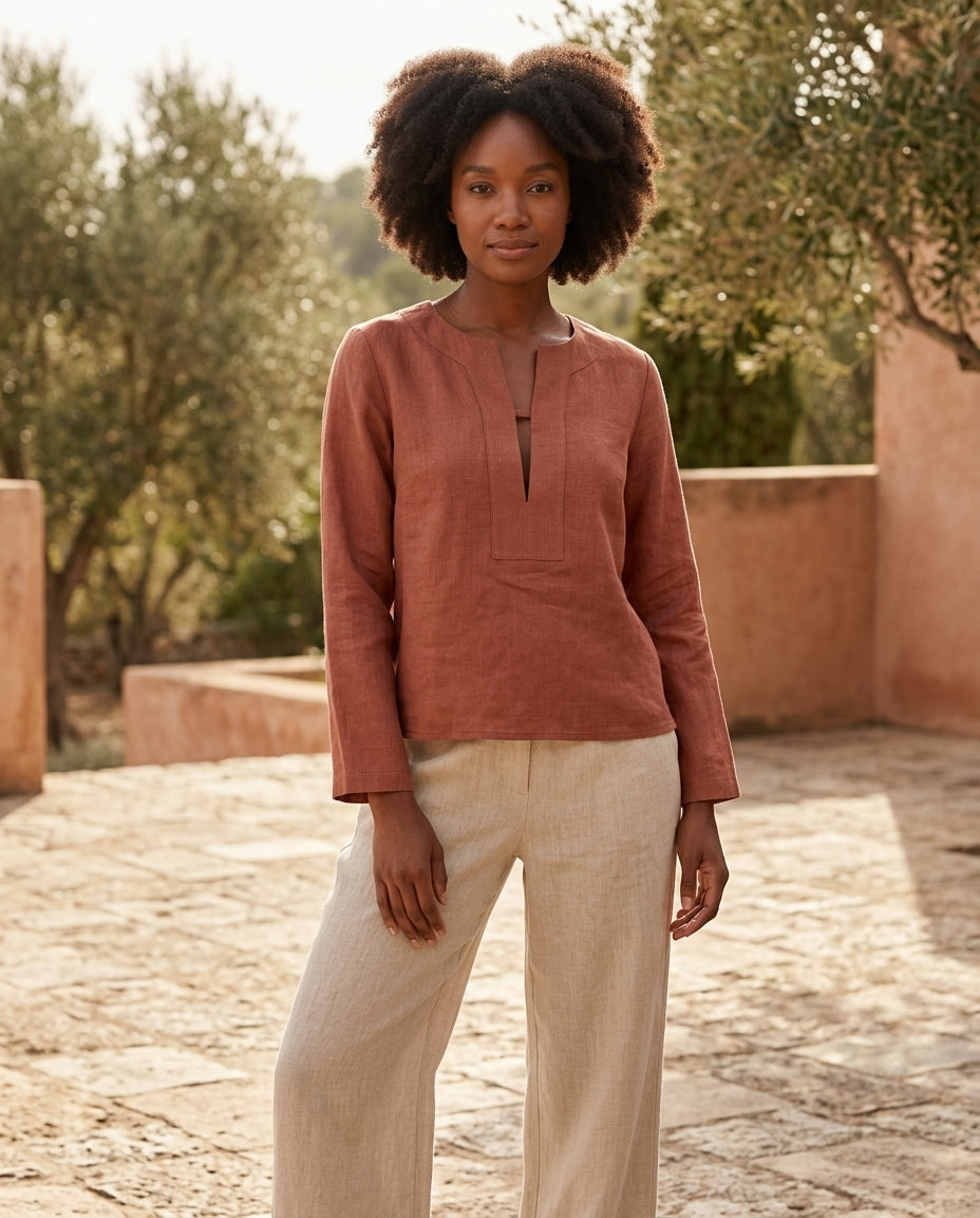 Linen Blouse – V-Neck, Long Sleeve