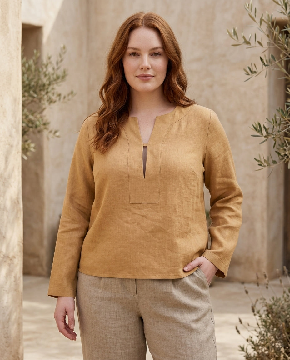 Linen Blouse – V-Neck, Long Sleeve
