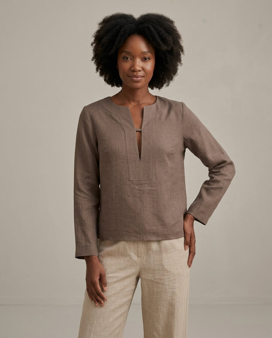 Linen Blouse – V-Neck, Long Sleeve