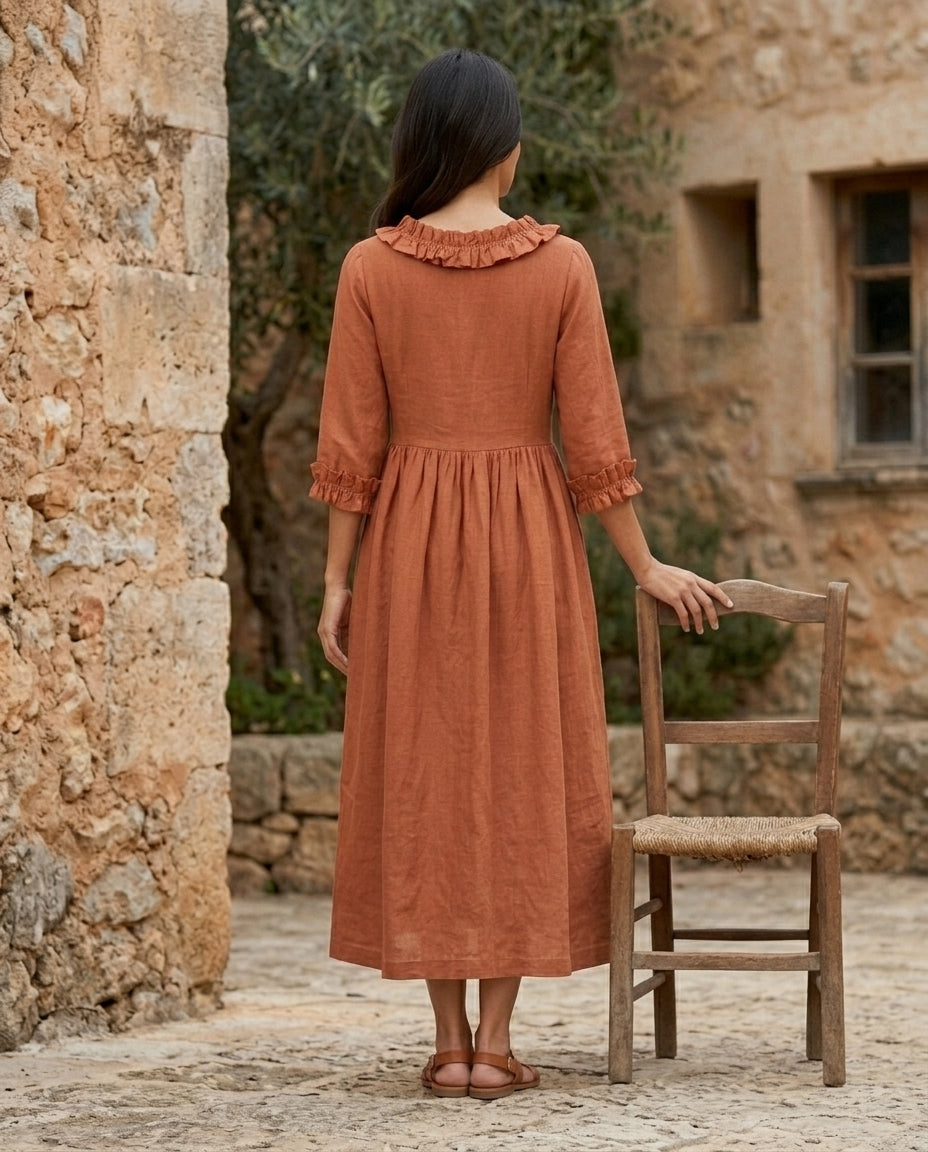 Empire Waist Linen Dress with Ruffle Collar