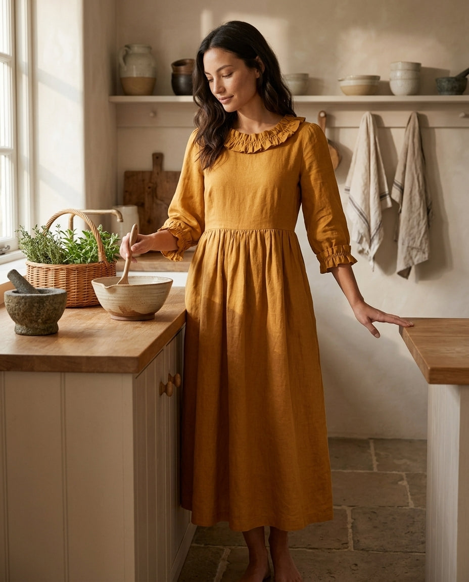 Empire Waist Linen Dress with Ruffle Collar