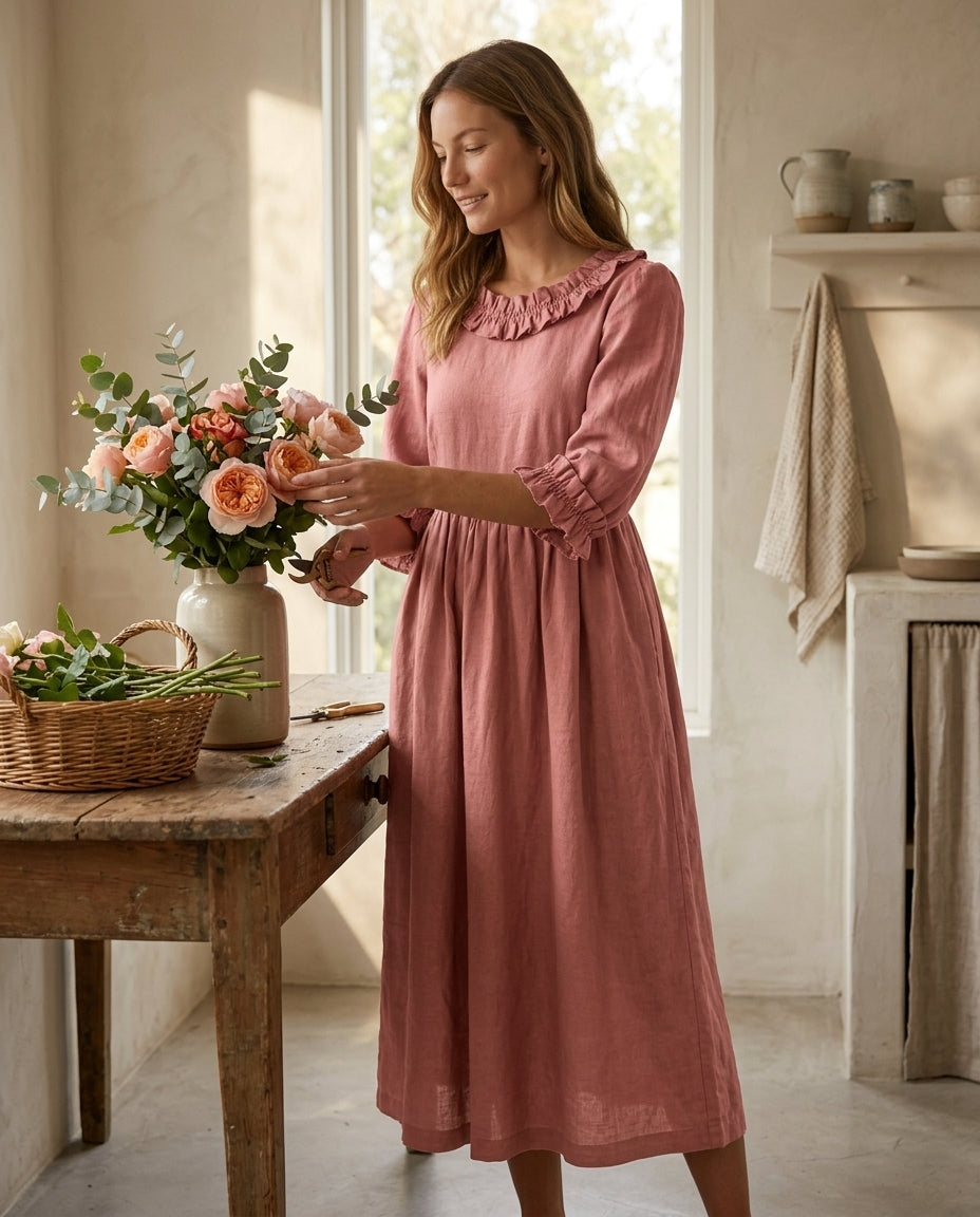 Empire Waist Linen Dress with Ruffle Collar