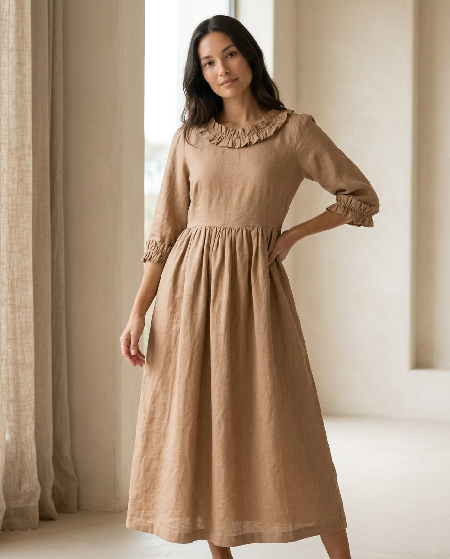 Empire Waist Linen Dress with Ruffle Collar
