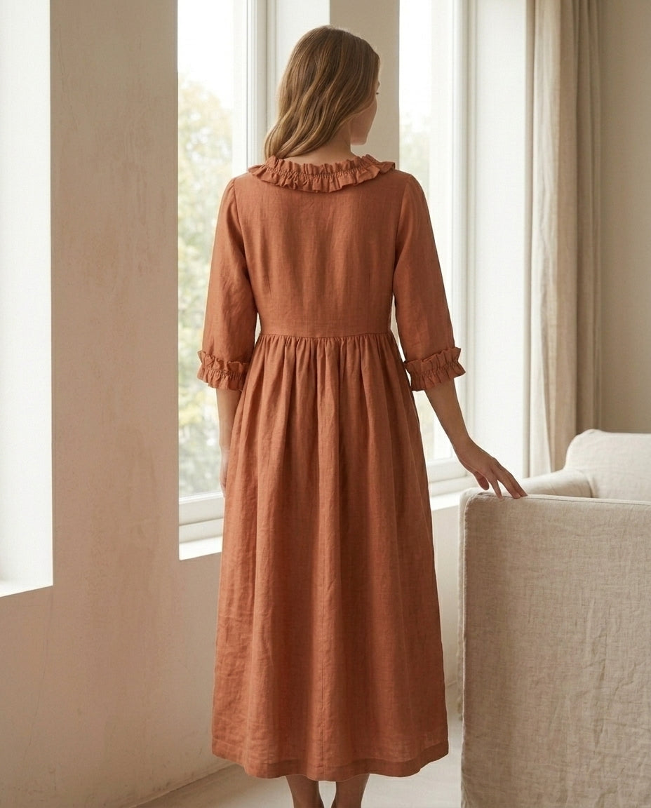 Empire Waist Linen Dress with Ruffle Collar