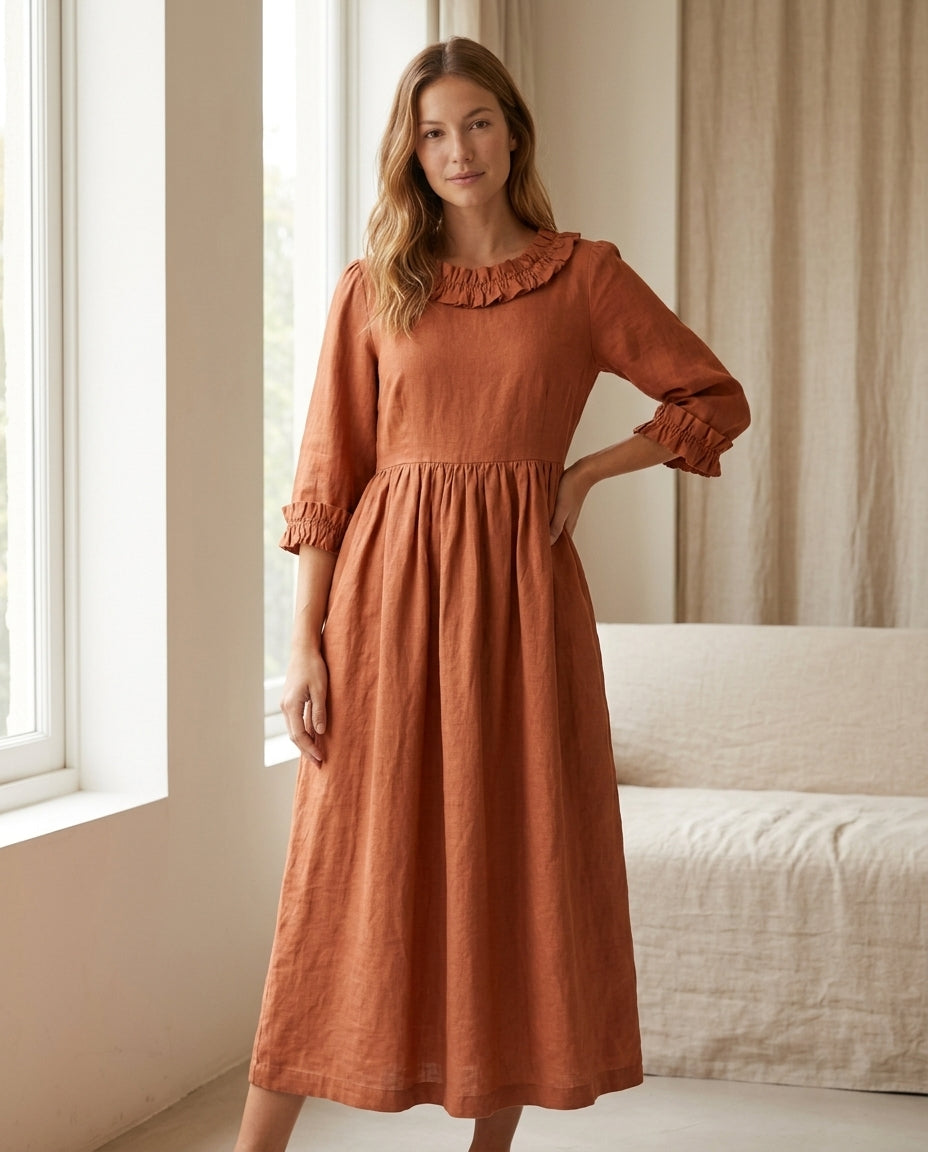 Empire Waist Linen Dress with Ruffle Collar