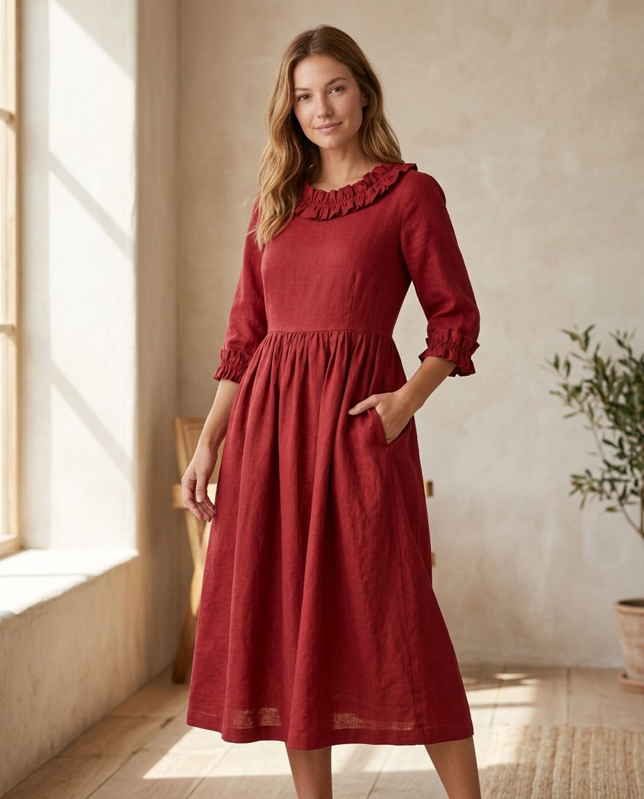 Empire Waist Linen Dress with Ruffle Collar