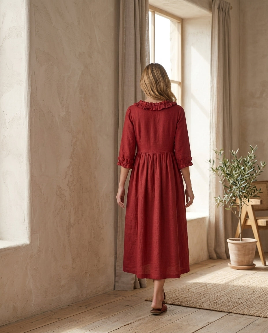 Empire Waist Linen Dress with Ruffle Collar