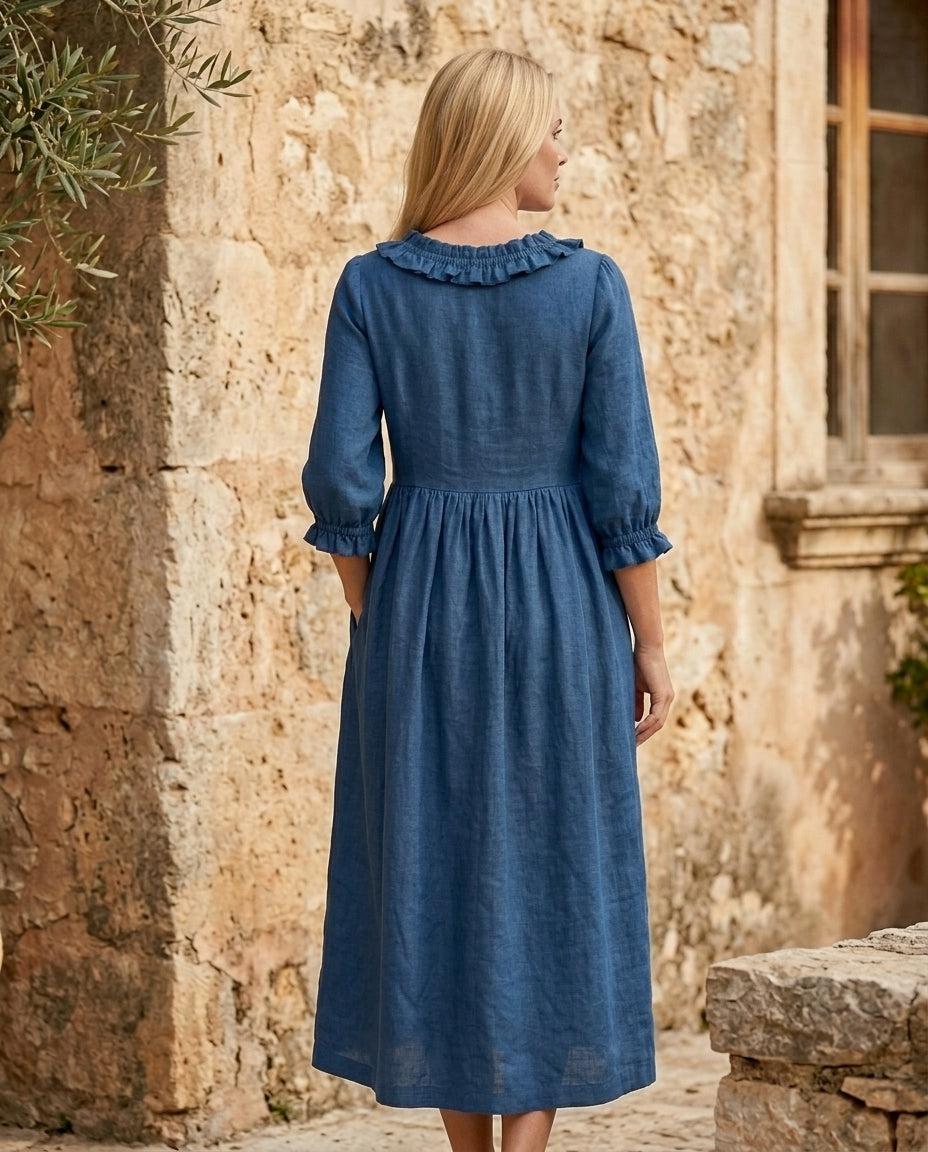 Empire Waist Linen Dress with Ruffle Collar
