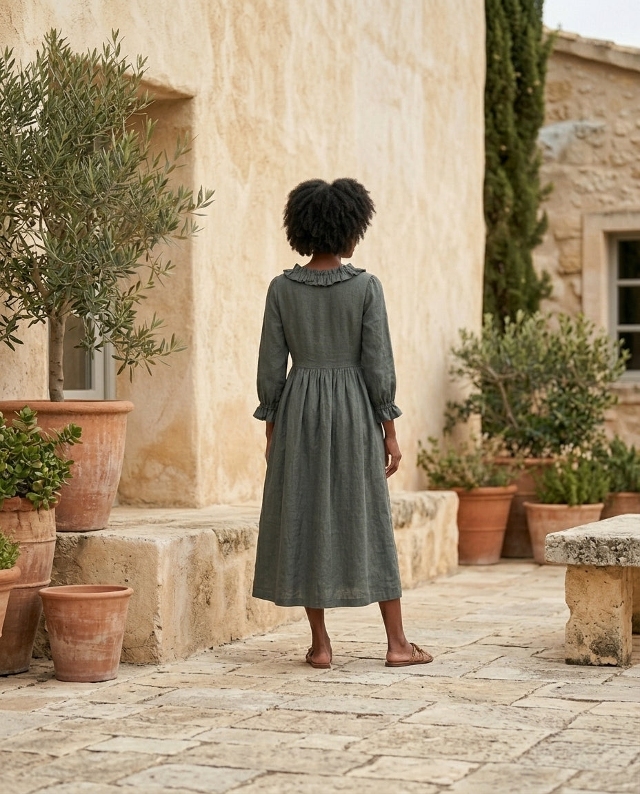Empire Waist Linen Dress with Ruffle Collar
