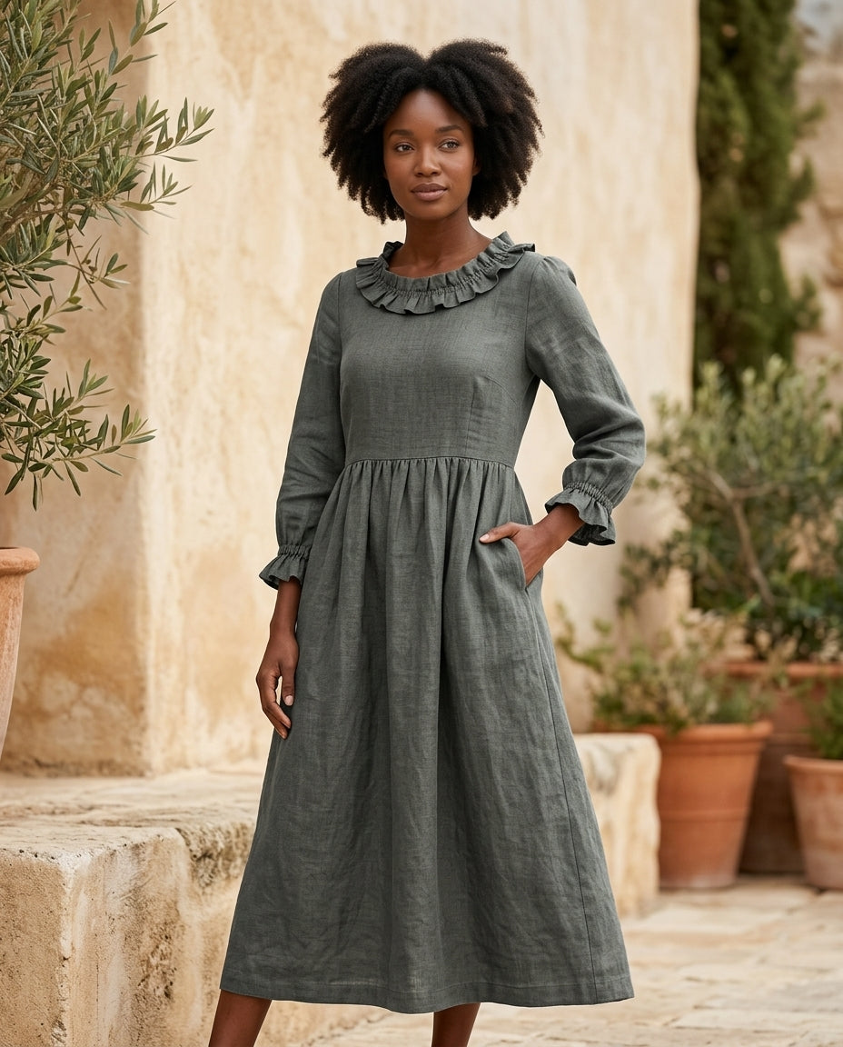 Empire Waist Linen Dress with Ruffle Collar