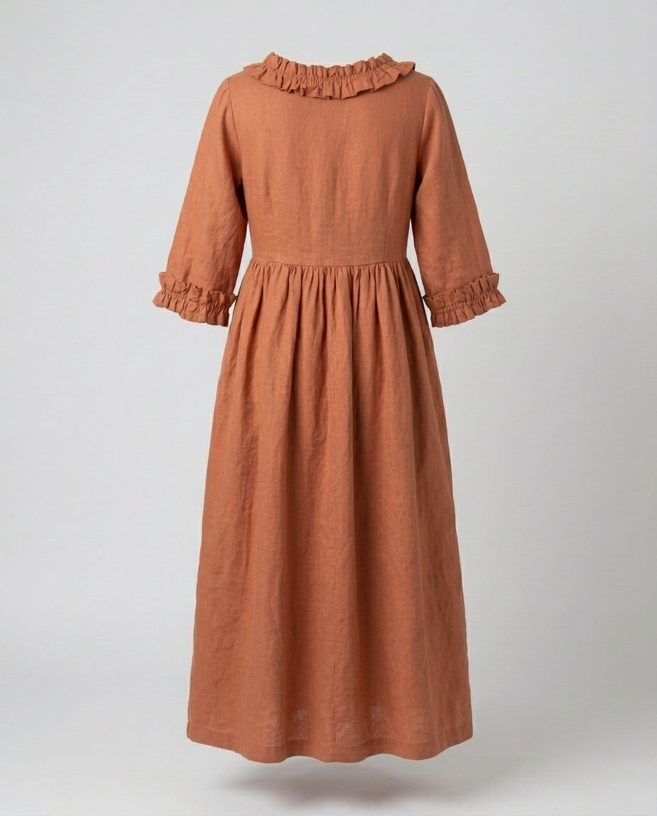 Empire Waist Linen Dress with Ruffle Collar