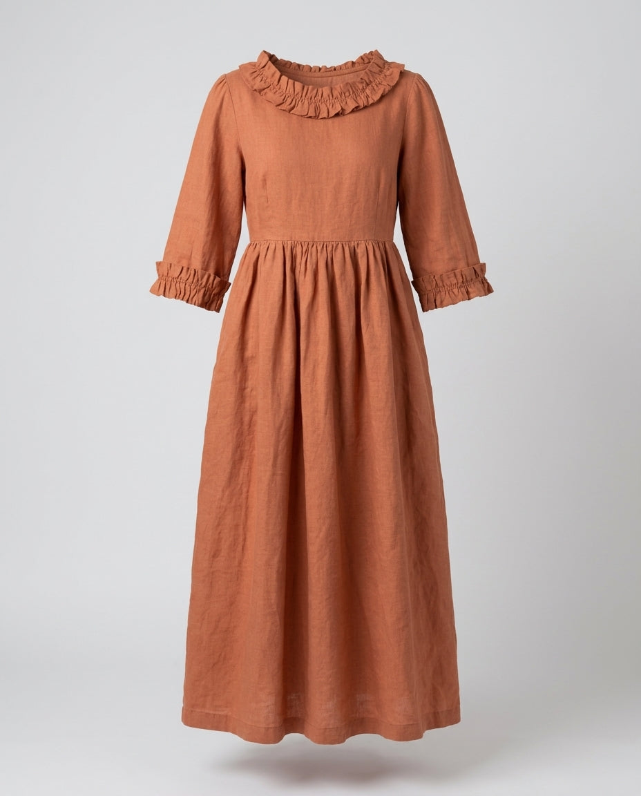 Empire Waist Linen Dress with Ruffle Collar