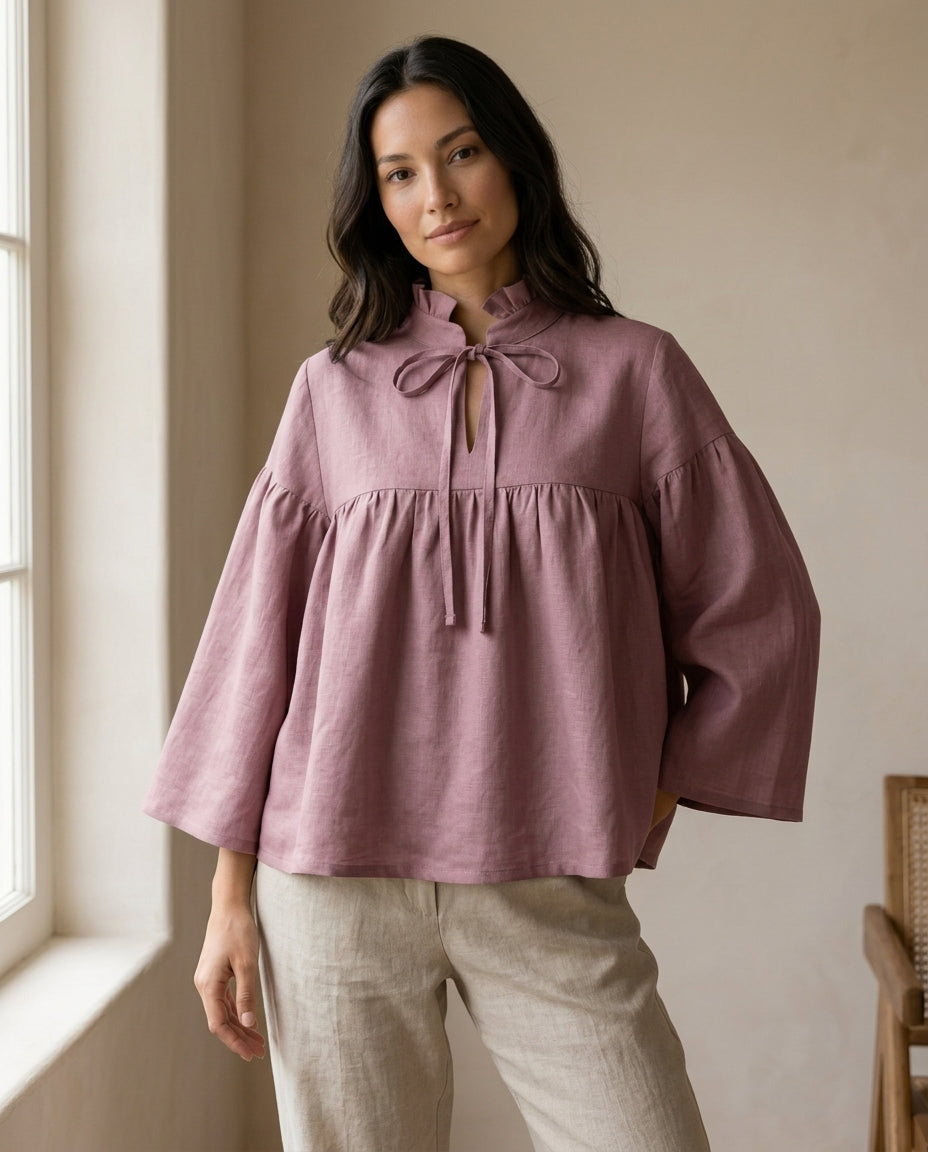 Ruffled Tie-Neck Linen Blouse