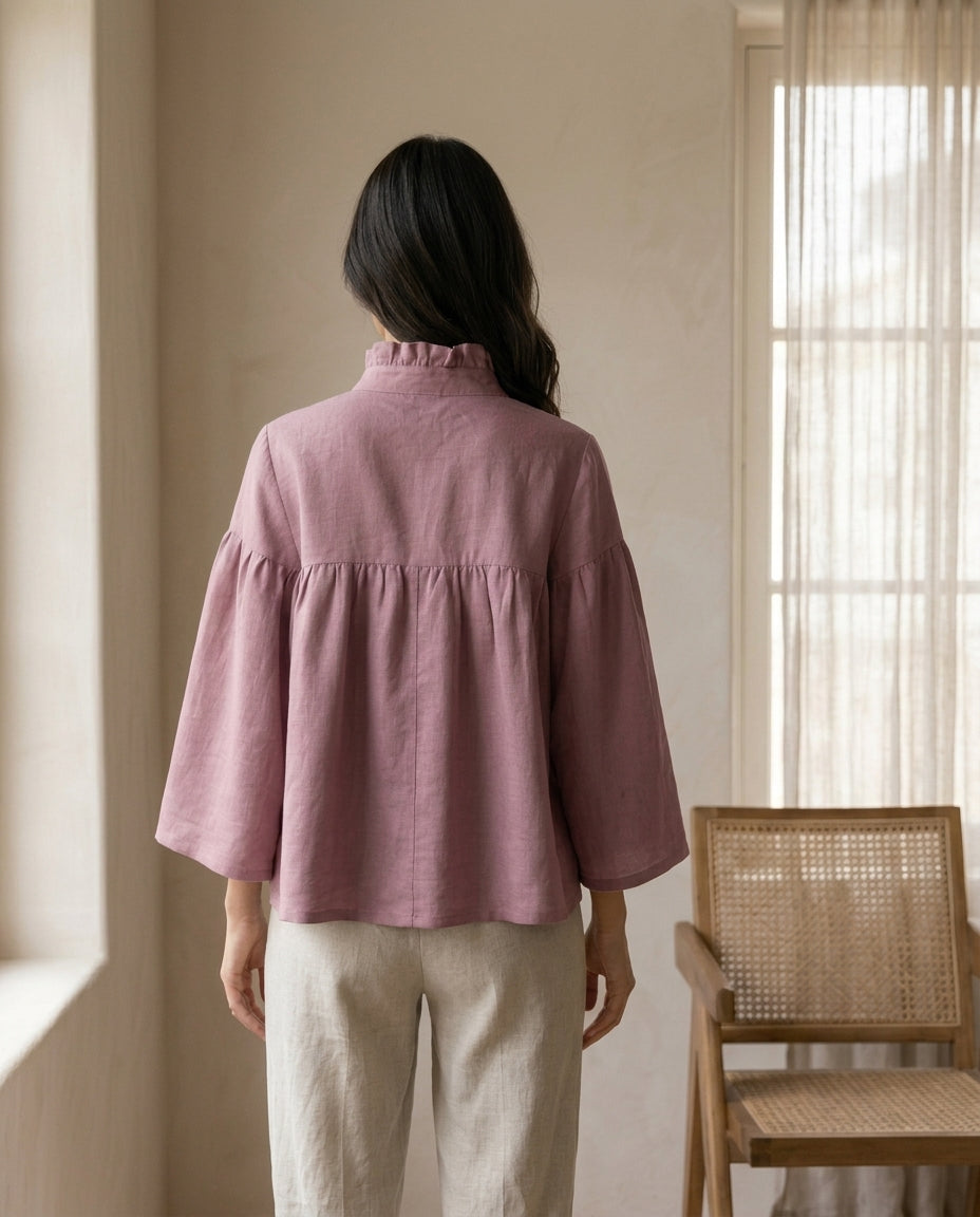 Ruffled Tie-Neck Linen Blouse