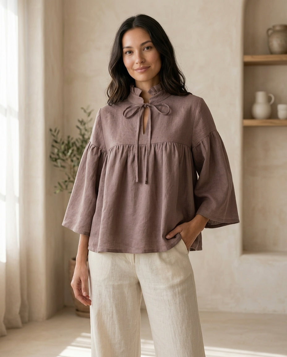 Ruffled Tie-Neck Linen Blouse