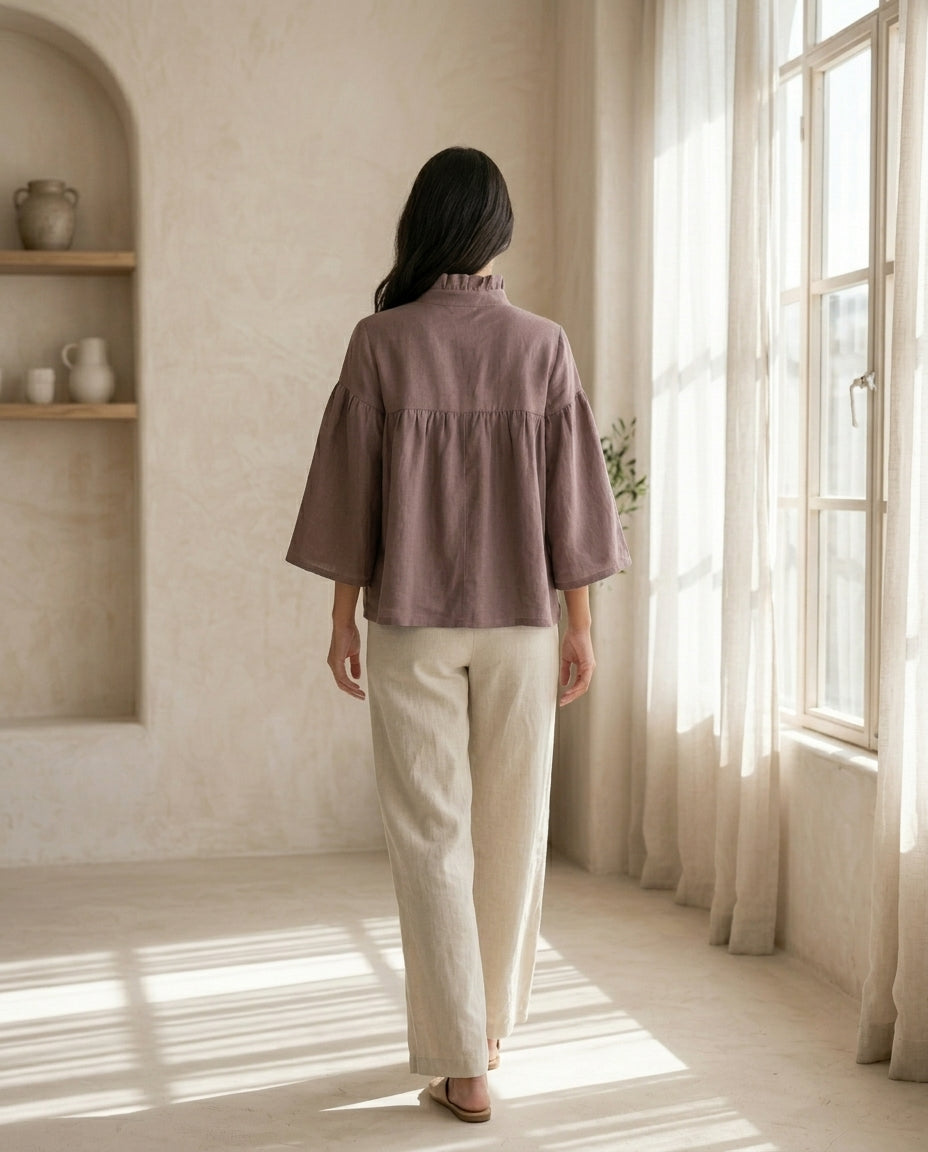 Ruffled Tie-Neck Linen Blouse