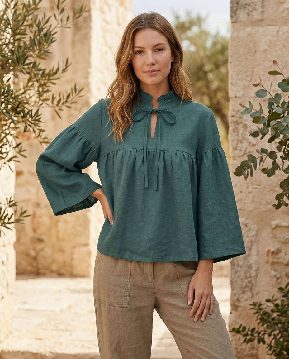 Ruffled Tie-Neck Linen Blouse