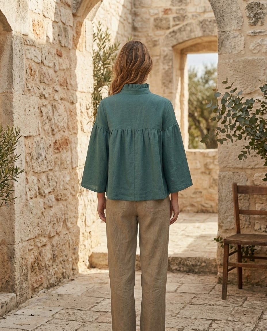 Ruffled Tie-Neck Linen Blouse