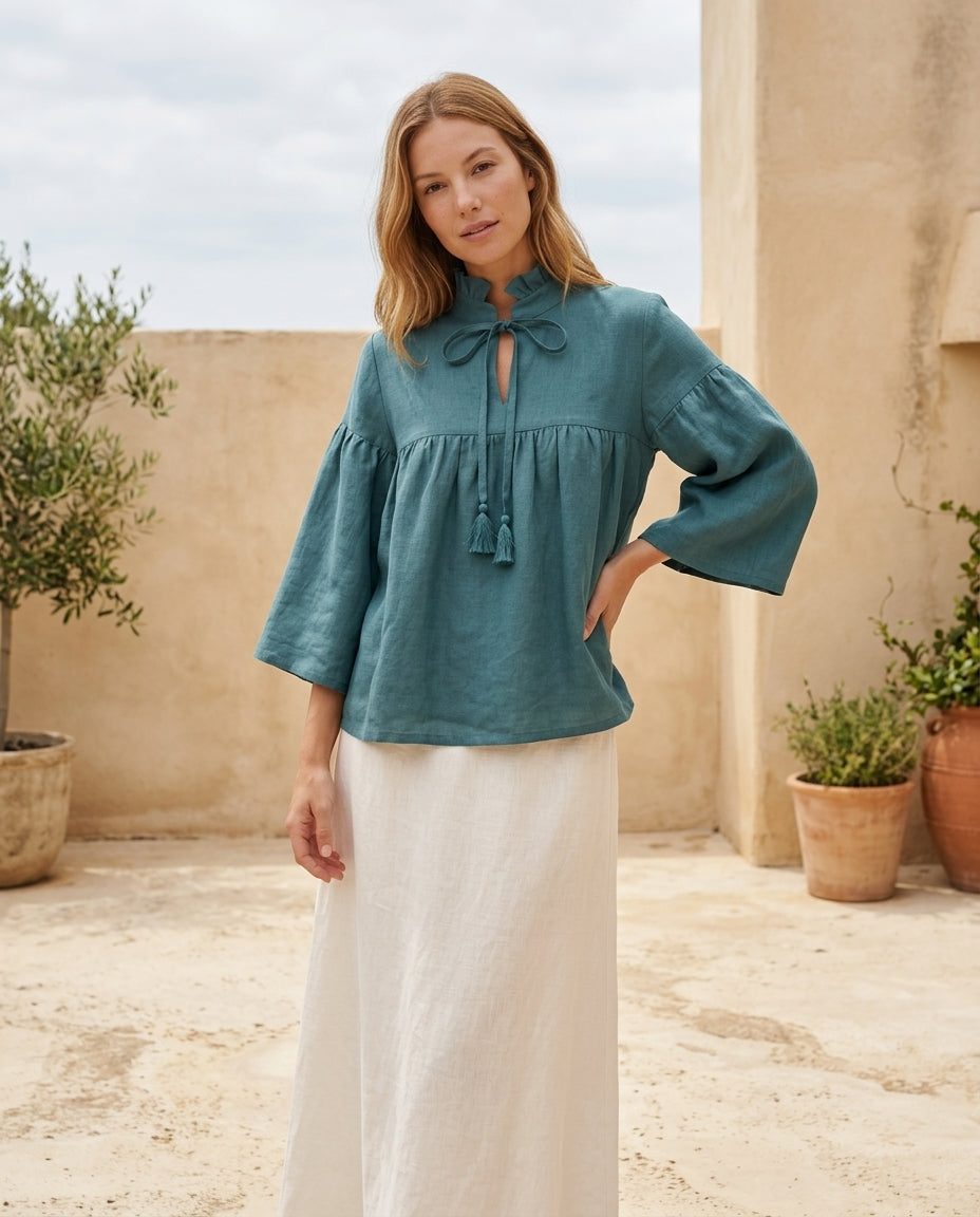 Ruffled Tie-Neck Linen Blouse
