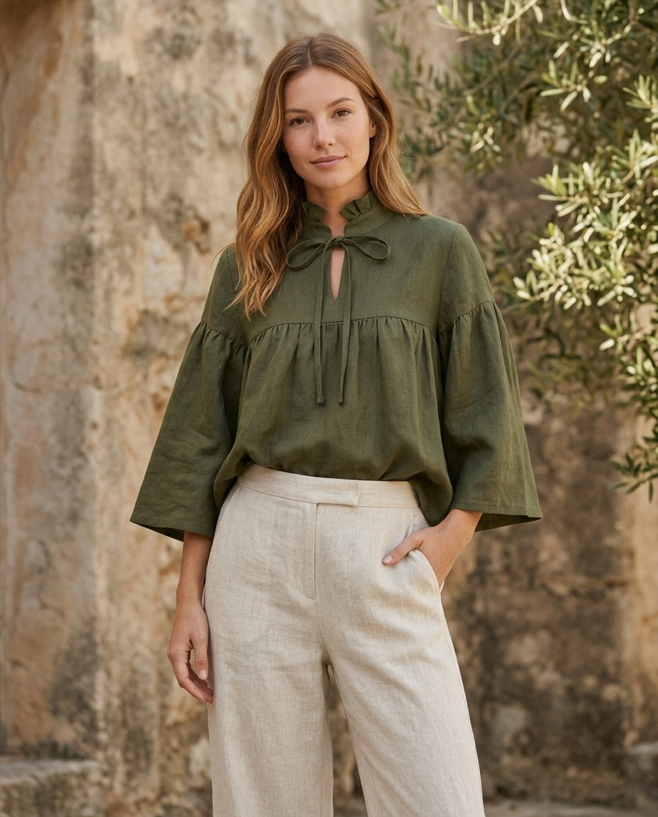 Ruffled Tie-Neck Linen Blouse