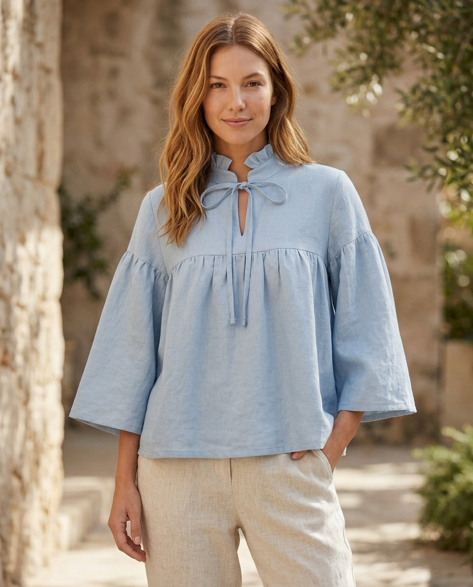 Ruffled Tie-Neck Linen Blouse