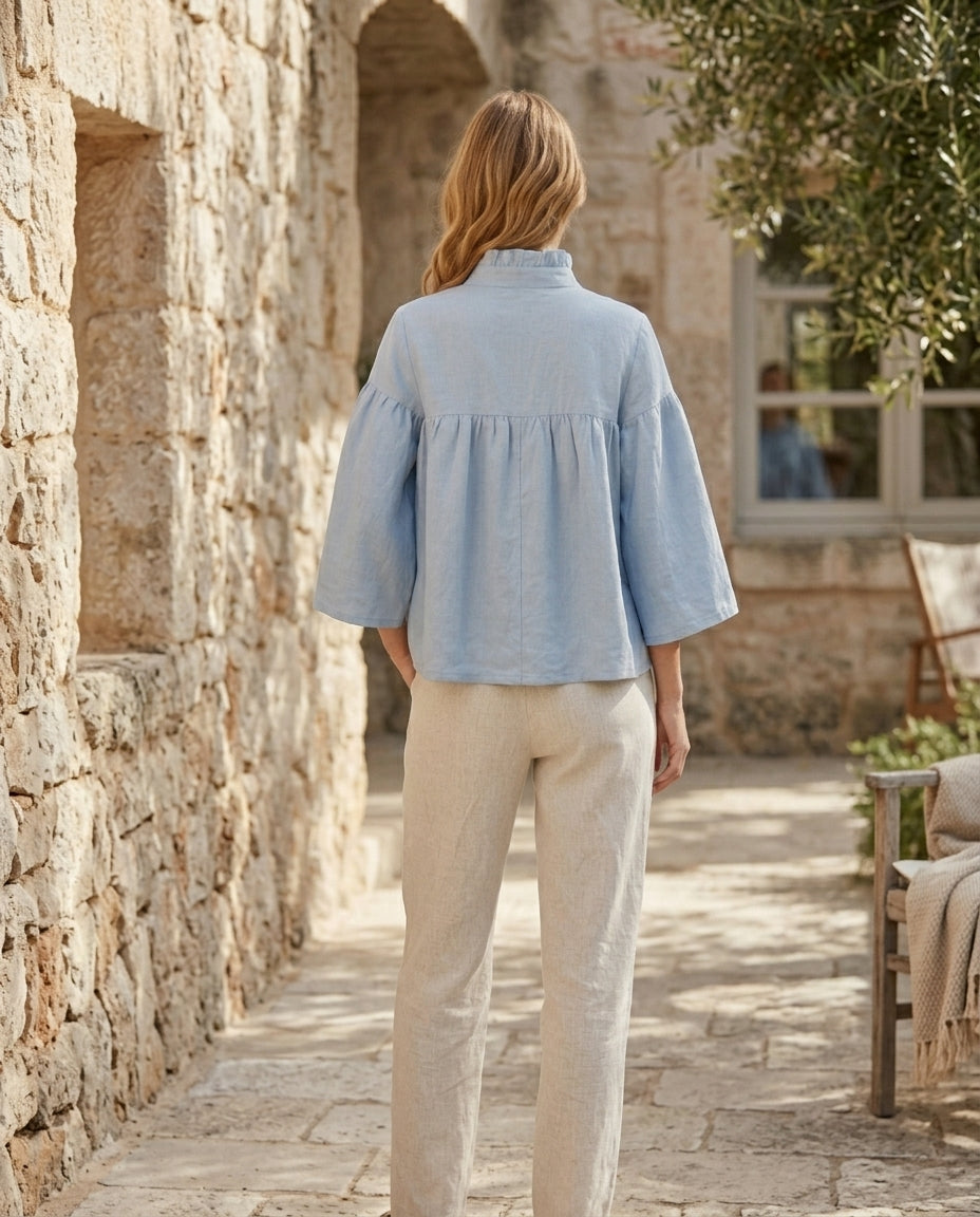 Ruffled Tie-Neck Linen Blouse