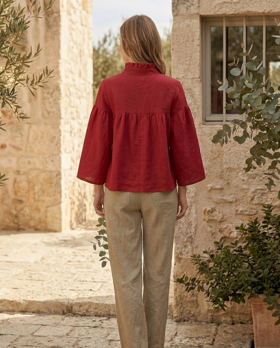Ruffled Tie-Neck Linen Blouse