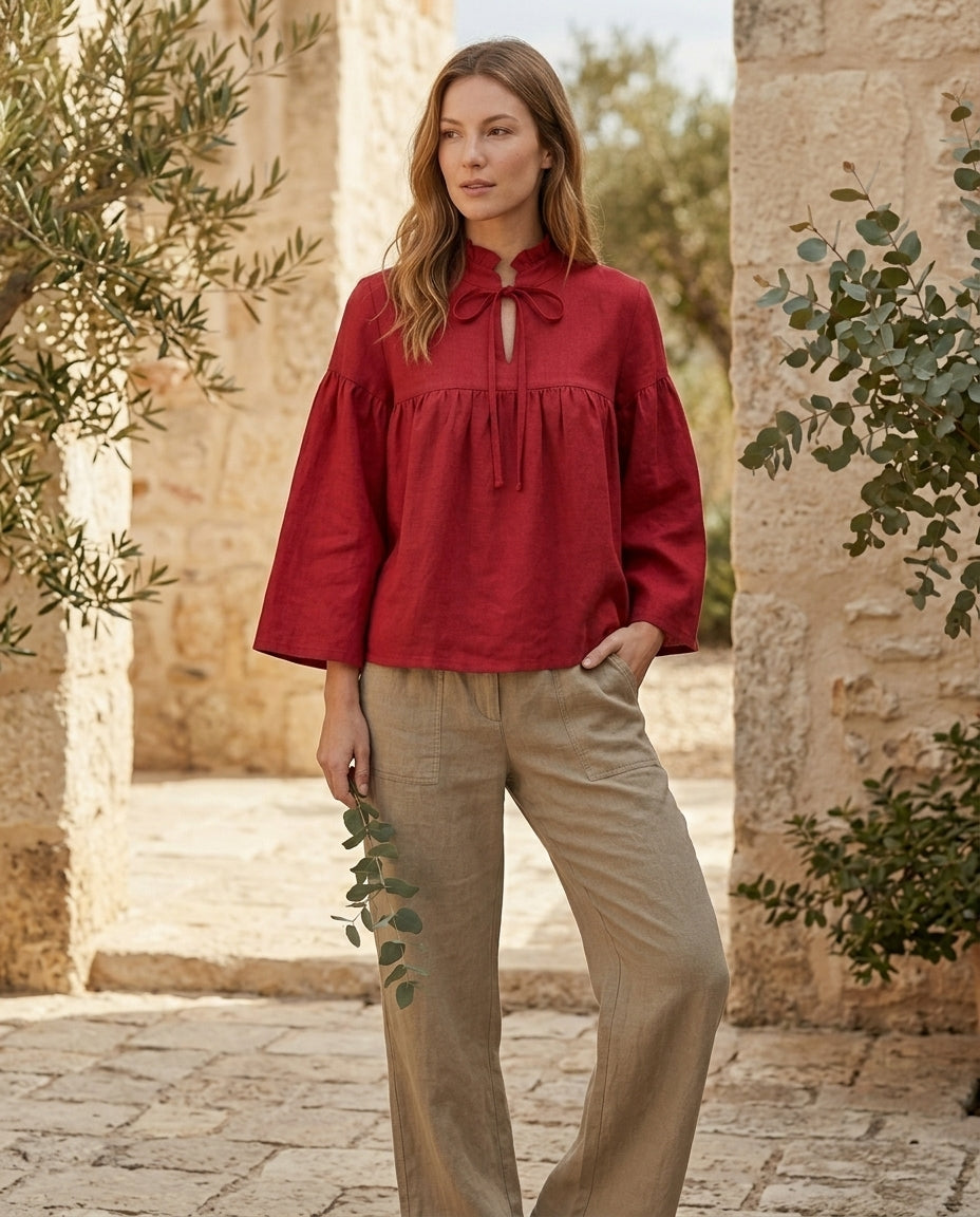Ruffled Tie-Neck Linen Blouse