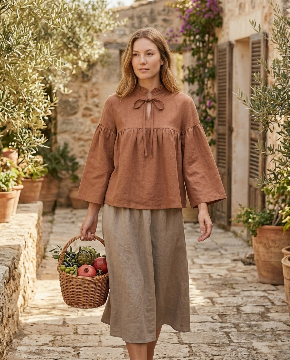 Ruffled Tie-Neck Linen Blouse