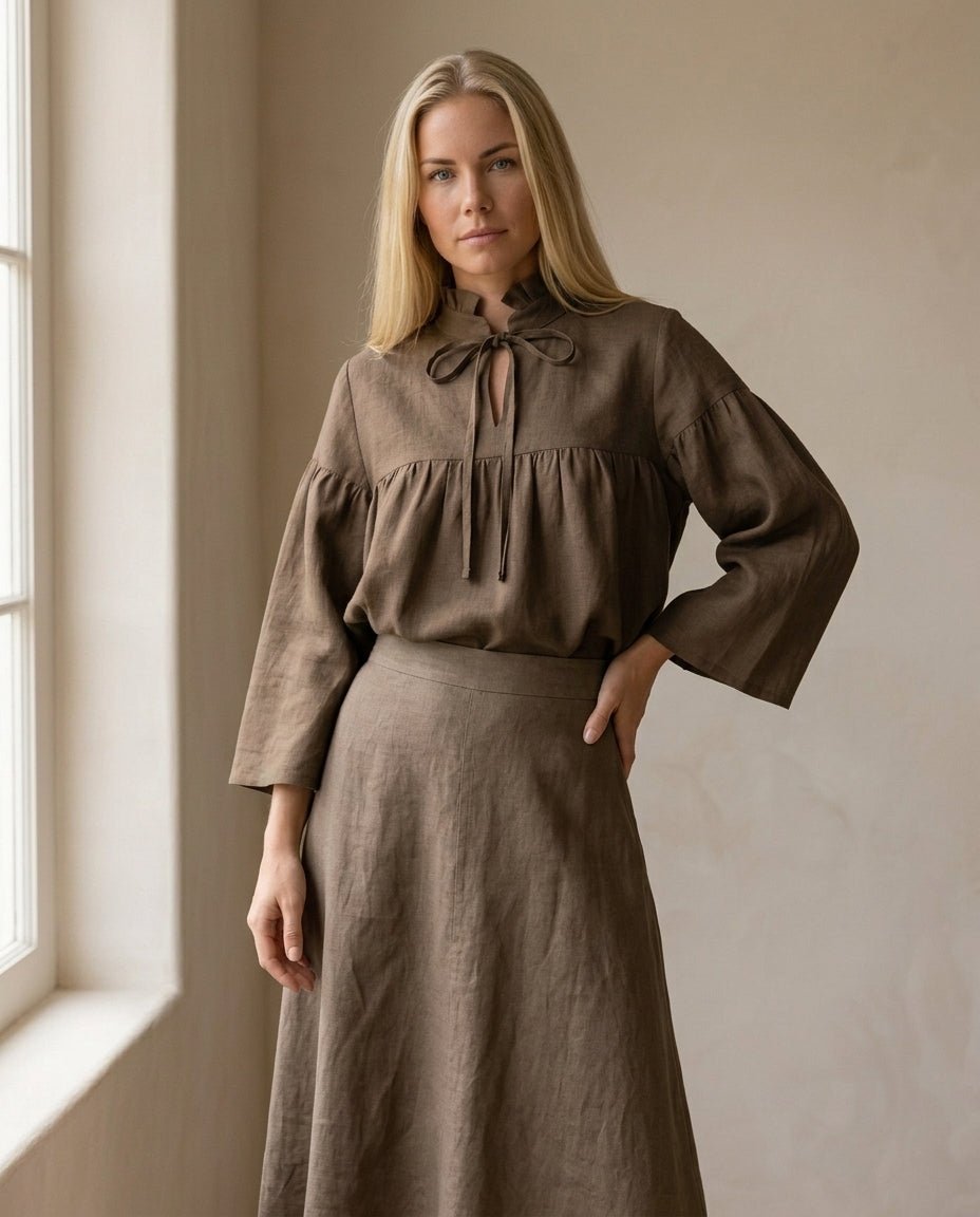 Ruffled Tie-Neck Linen Blouse