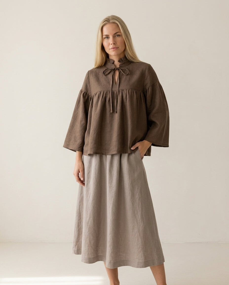 Ruffled Tie-Neck Linen Blouse