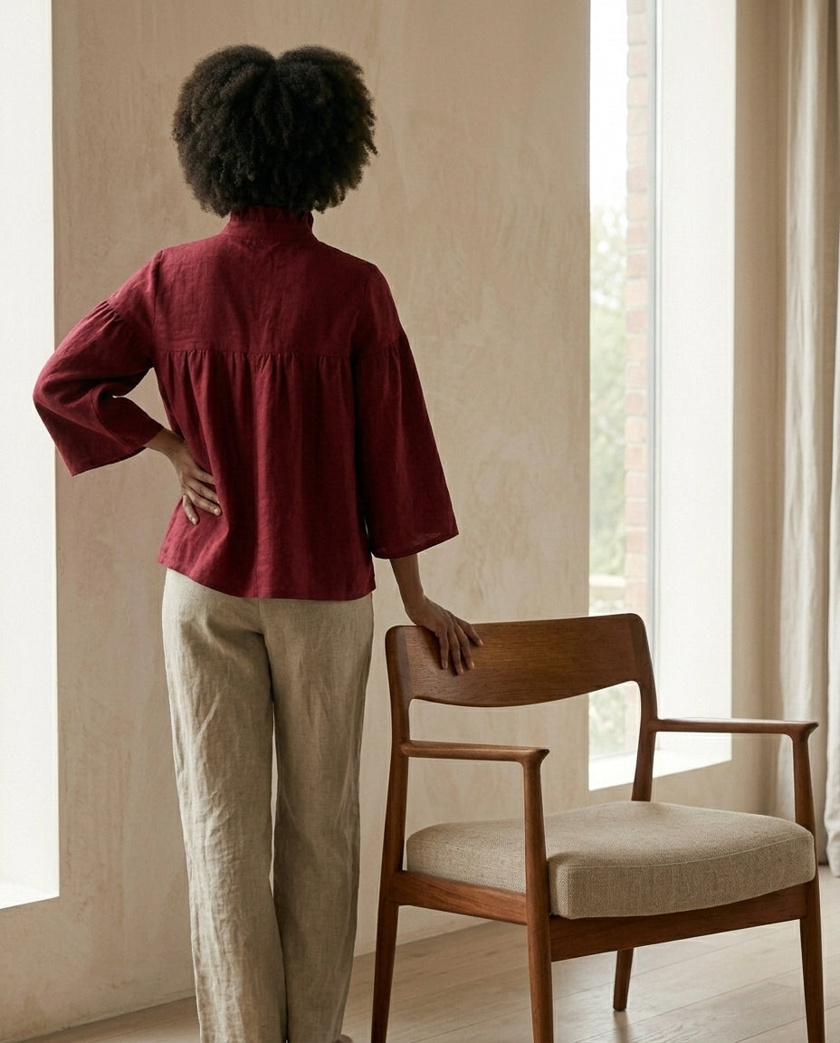 Ruffled Tie-Neck Linen Blouse