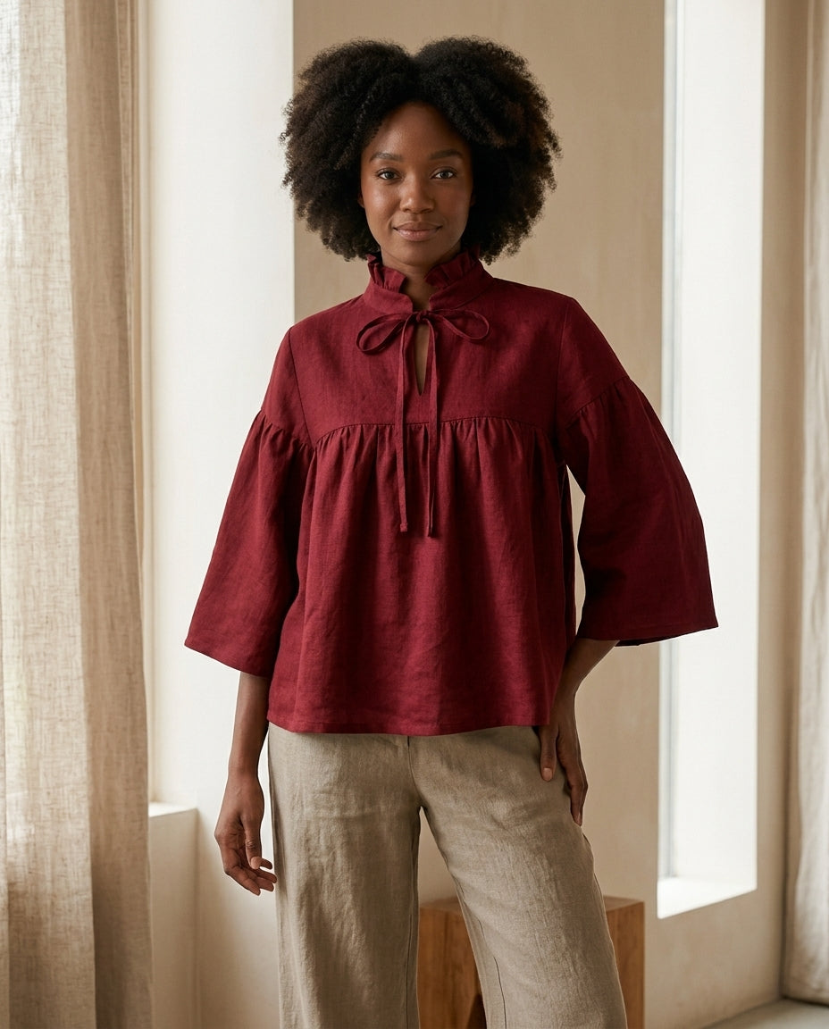 Ruffled Tie-Neck Linen Blouse