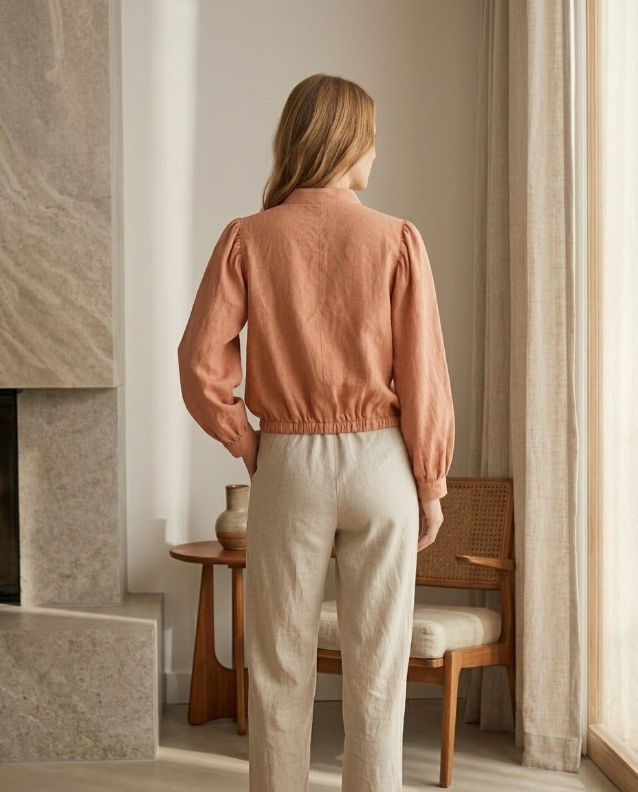 Puff Sleeve Cropped Linen Blouse
