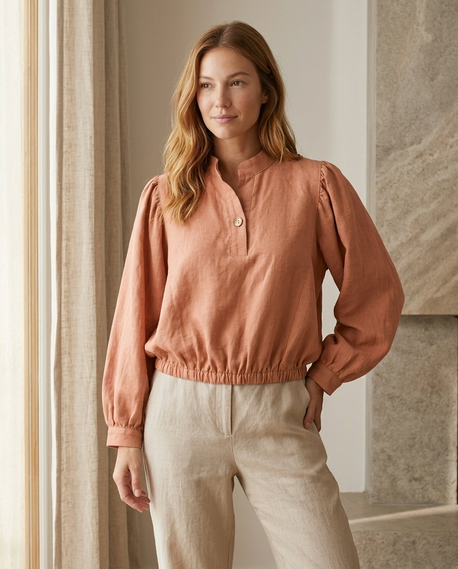 Puff Sleeve Cropped Linen Blouse