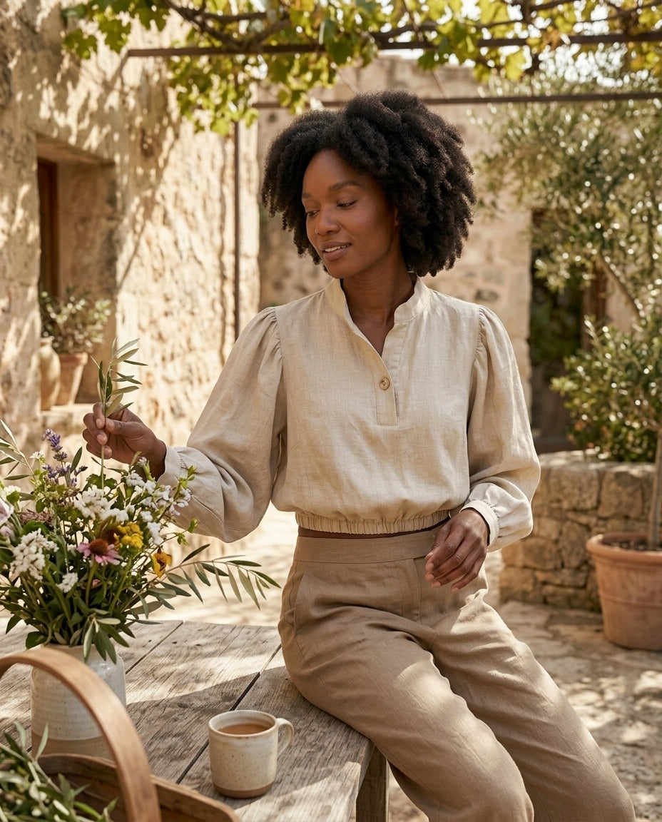 Puff Sleeve Cropped Linen Blouse