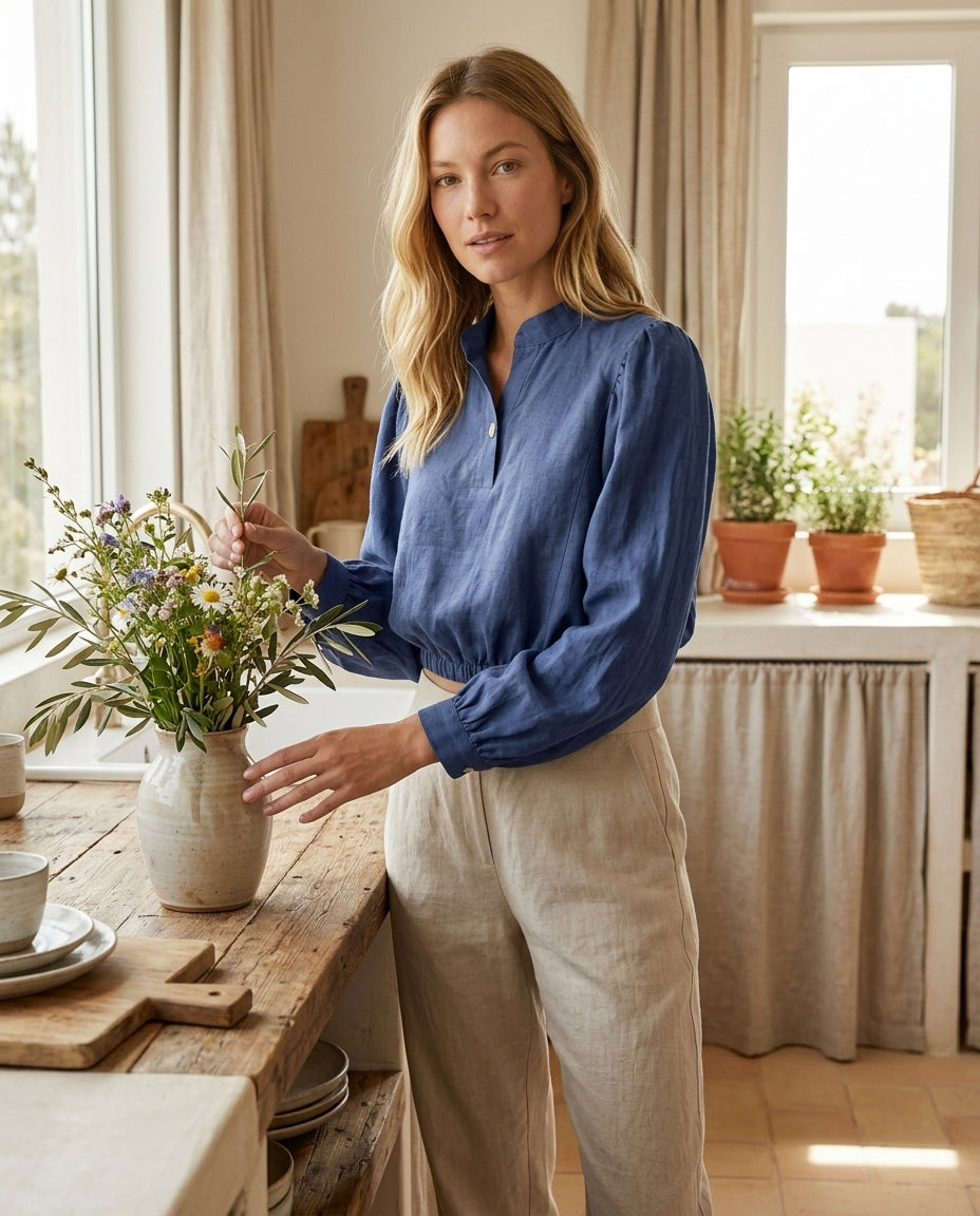 Puff Sleeve Cropped Linen Blouse